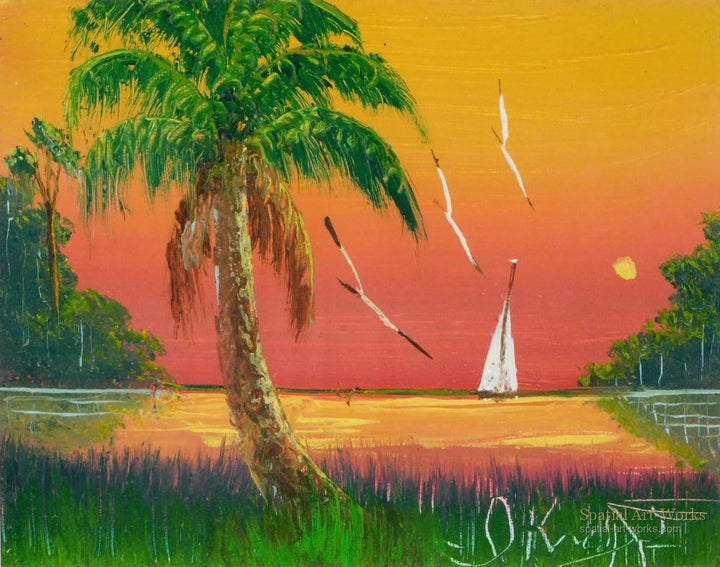 ART-084 Isaac Knight — Highwaymen Seascape, Original Oil on Canvas-Board, Sailboat at Sunset, Signed