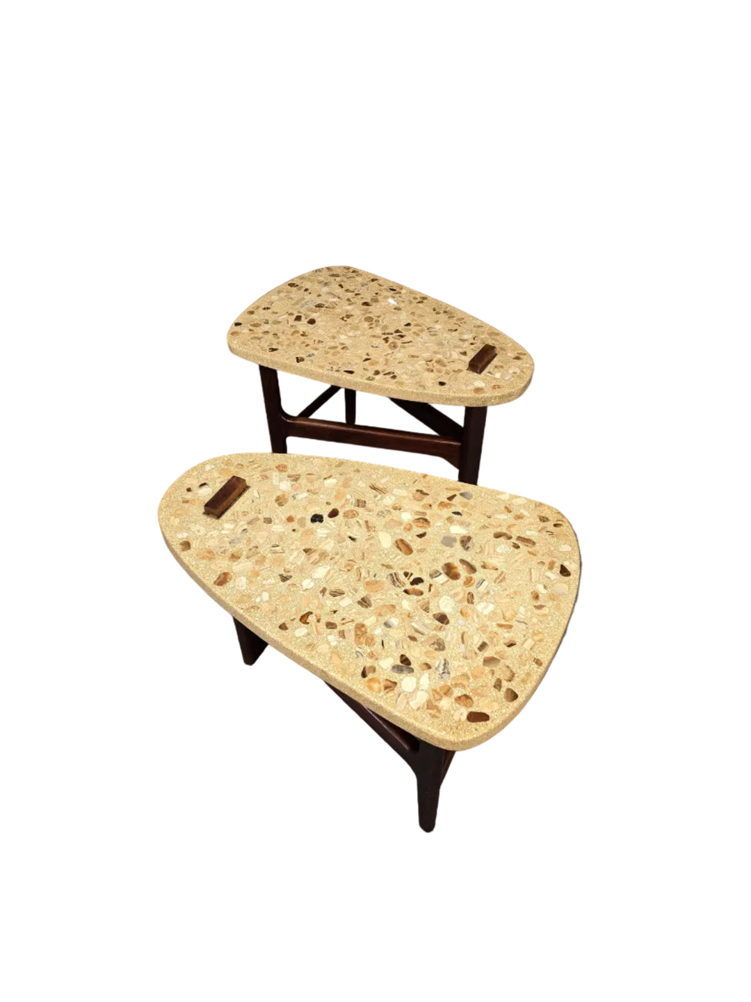 FUR-015 Harvey Probber (Attributed) — Pair of Terrazzo &amp; Walnut Guitar Pick Side Tables, MCM, Three-Legged