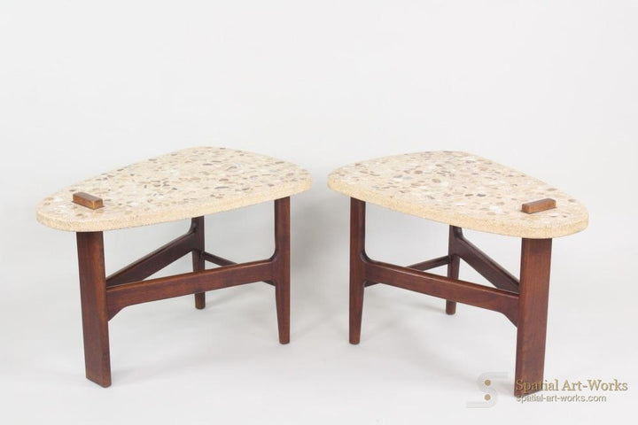 FUR-015 Harvey Probber (Attributed) — Pair of Terrazzo &amp; Walnut Guitar Pick Side Tables, MCM, Three-Legged