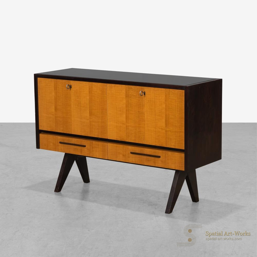 German Mid-Century Modern Bar Cabinet — Compass Legs, Black Glass Top, Mirrored Interior, Drop-Front, c.1950s