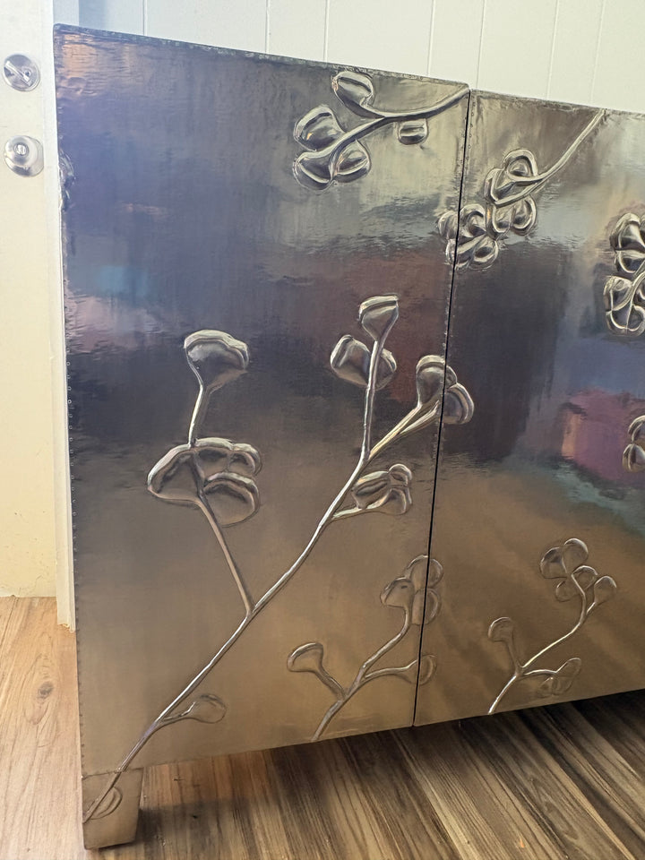 FUR-192 Bernhardt — "Fleurs" Credenza, Nickel Alloy German Silver &amp; Reclaimed Teak, 64" W