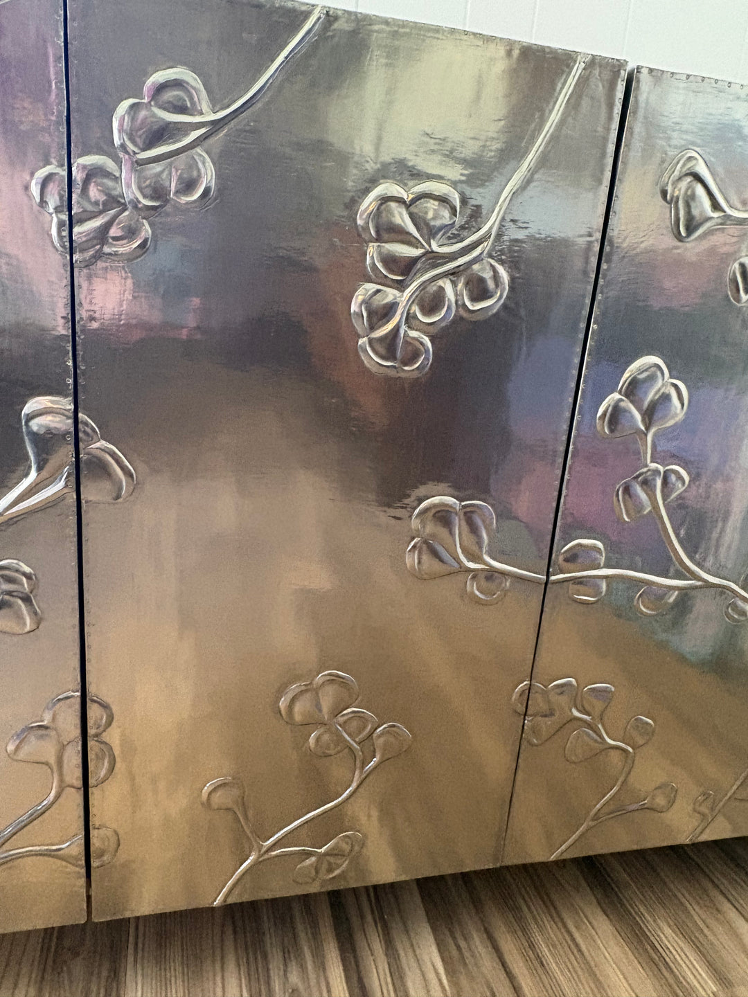 FUR-192 Bernhardt — "Fleurs" Credenza, Nickel Alloy German Silver &amp; Reclaimed Teak, 64" W