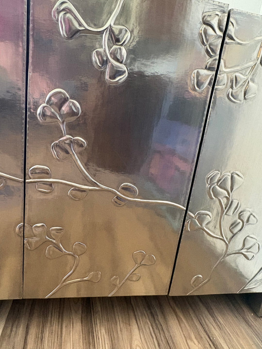 FUR-192 Bernhardt — "Fleurs" Credenza, Nickel Alloy German Silver &amp; Reclaimed Teak, 64" W