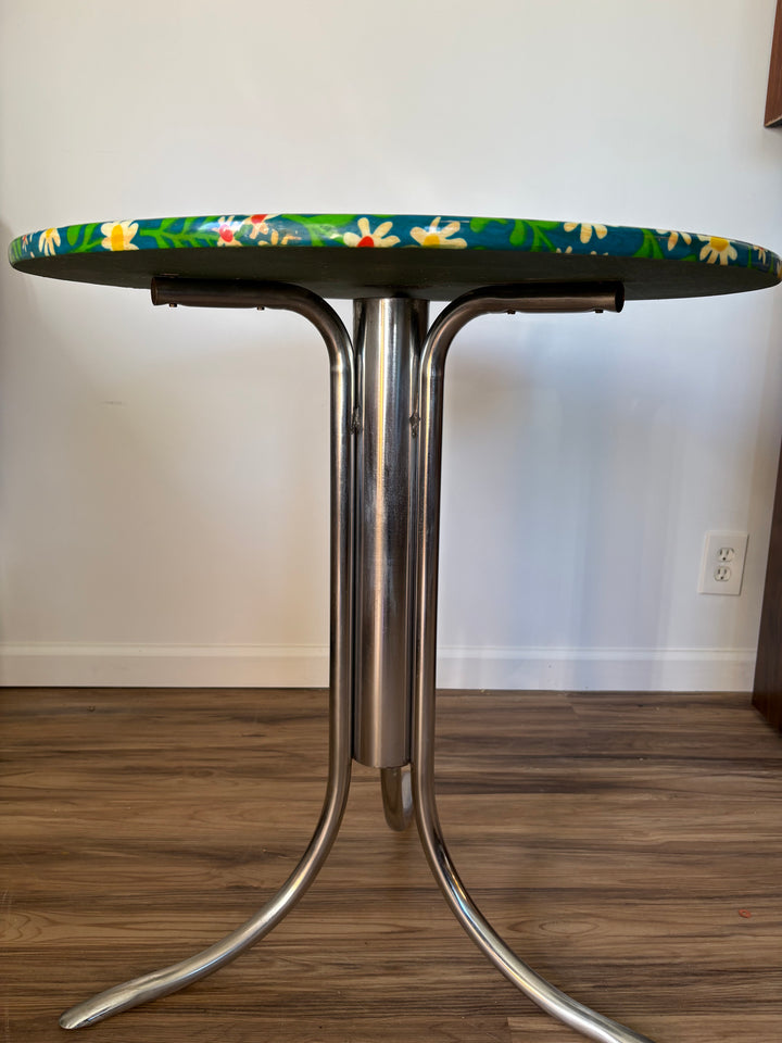 FUR-193 Pop Art Daisy Print &amp; Chrome Side Table with Hoof Feet, c.1960s–70s