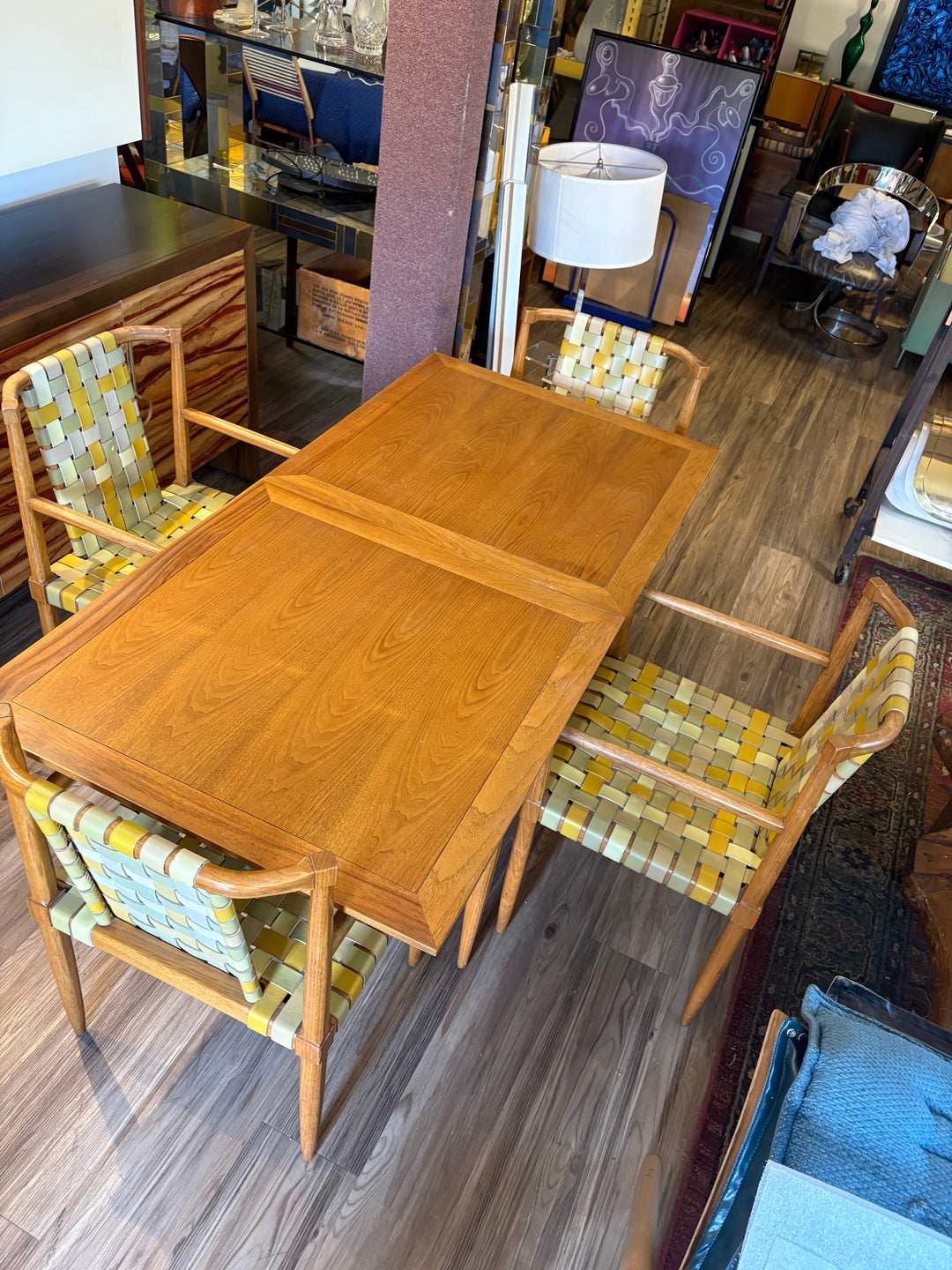 FUR-190 Tomlinson of High Point — Set of 4 Armchairs &amp; Expandable Table, Wood &amp; Leather, U.S. Patent 181,011, 1957
