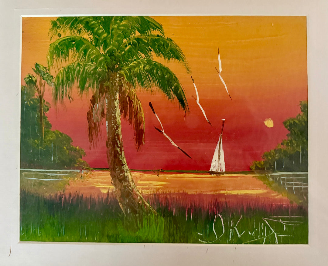 ART-084 Isaac Knight — Highwaymen Seascape, Original Oil on Canvas-Board, Sailboat at Sunset, Signed