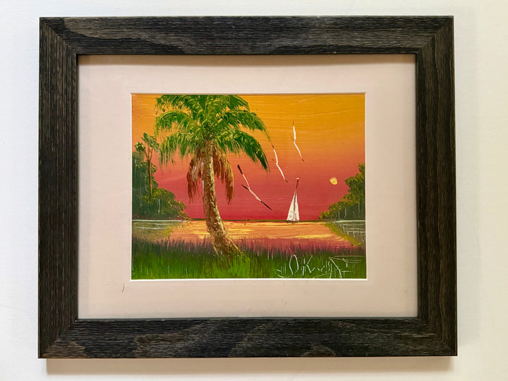 ART-084 Isaac Knight — Highwaymen Seascape, Original Oil on Canvas-Board, Sailboat at Sunset, Signed