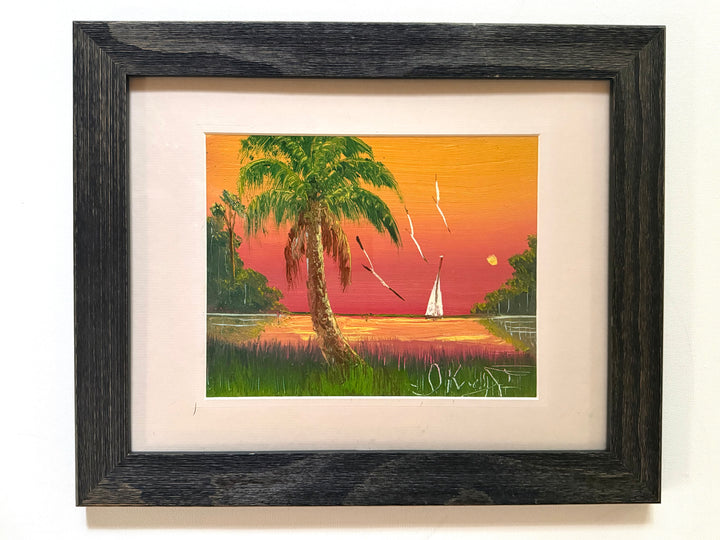 ART-084 Isaac Knight — Highwaymen Seascape, Original Oil on Canvas-Board, Sailboat at Sunset, Signed
