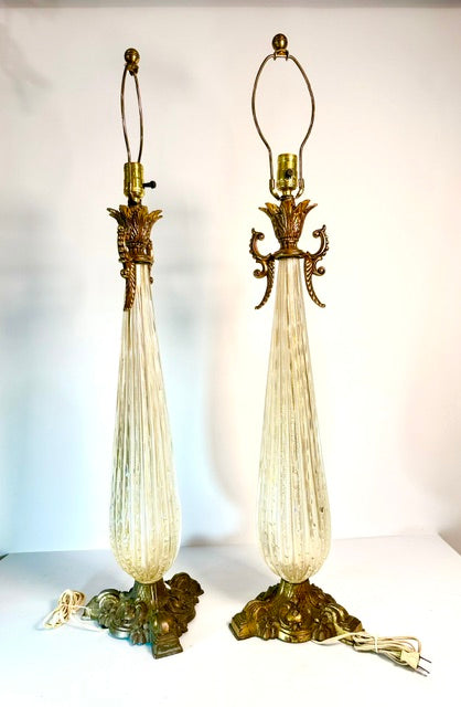 LGT-015 Barovier &amp; Toso — Pair of Massive Murano Glass Table Lamps, Gold Fleck &amp; Controlled Bubble, Brass Bases, c.1950s–60s