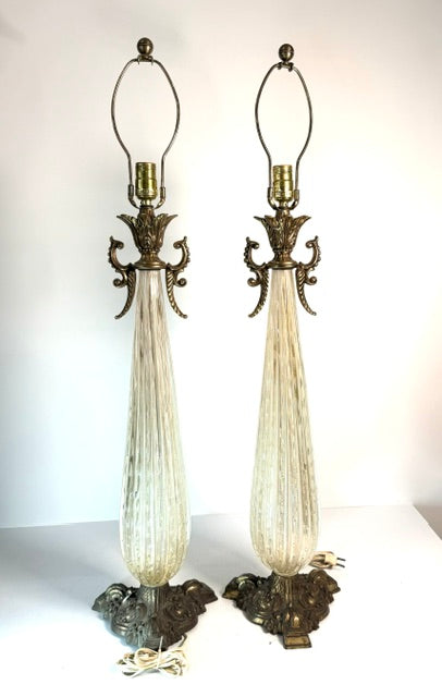 LGT-015 Barovier &amp; Toso — Pair of Massive Murano Glass Table Lamps, Gold Fleck &amp; Controlled Bubble, Brass Bases, c.1950s–60s
