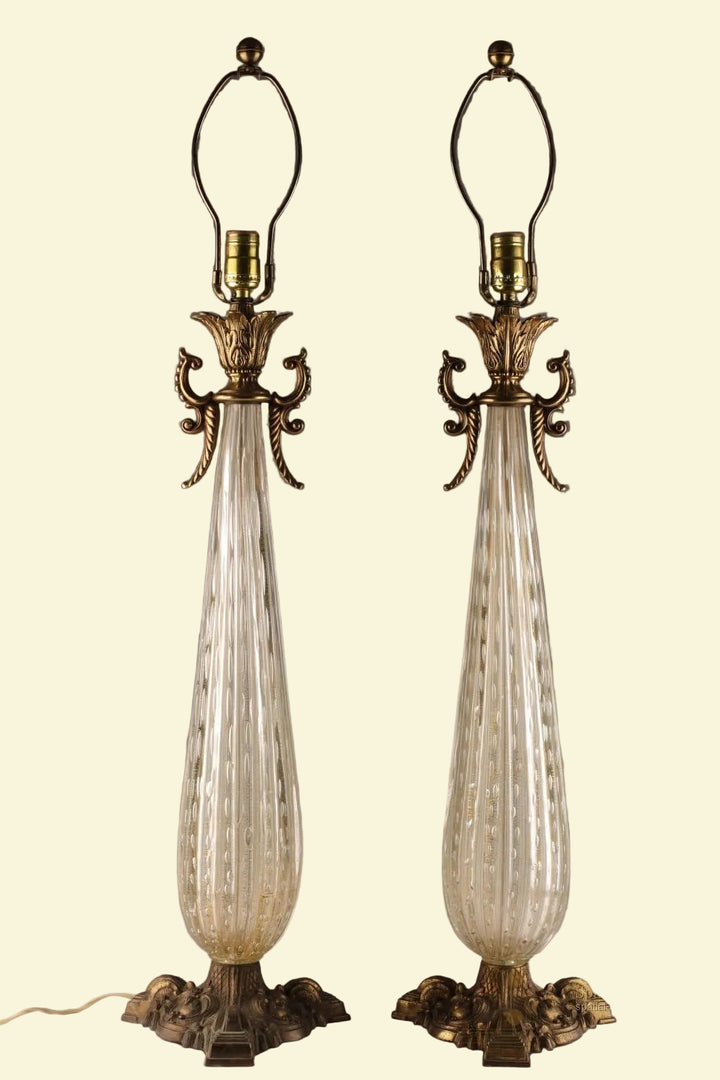 LGT-015 Barovier &amp; Toso — Pair of Massive Murano Glass Table Lamps, Gold Fleck &amp; Controlled Bubble, Brass Bases, c.1950s–60s