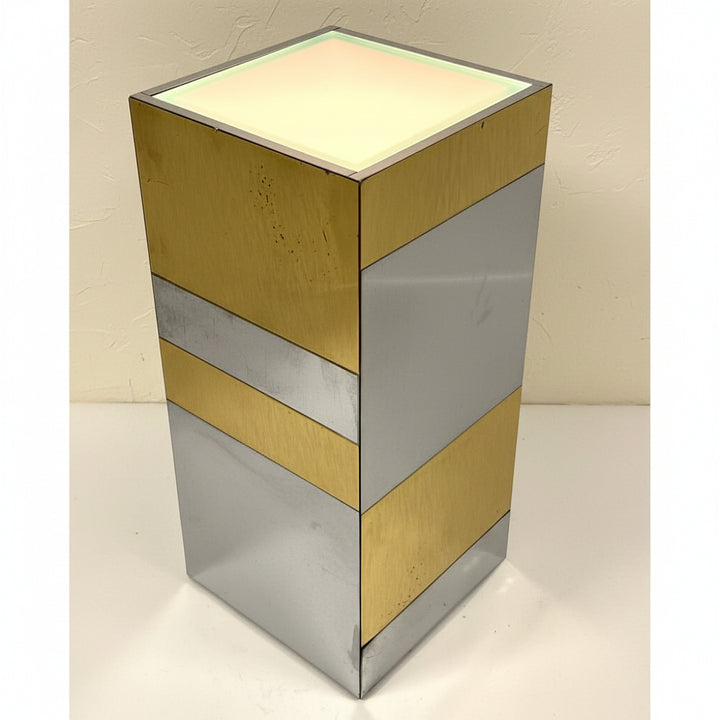 MCM-006 Cityscape Style Illuminated Pedestal in Brass &amp; Chrome — Paul Evans Style, Working Light, 22.5" H