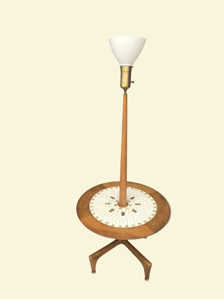 MCM-008 — Mid-Century Modern Round Tile Top Table Floor Lamp with Sculptural X Base — 61" Tall
