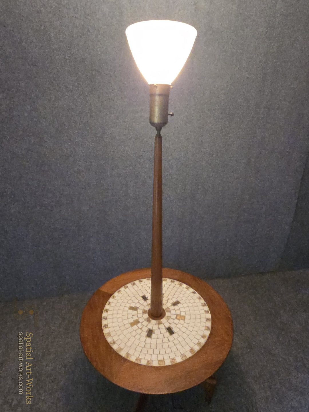 MCM-008 — Mid-Century Modern Round Tile Top Table Floor Lamp with Sculptural X Base — 61" Tall