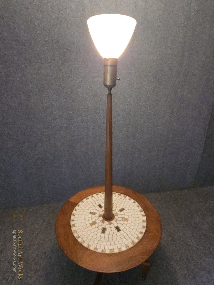MCM-008 — Mid-Century Modern Round Tile Top Table Floor Lamp with Sculptural X Base — 61" Tall