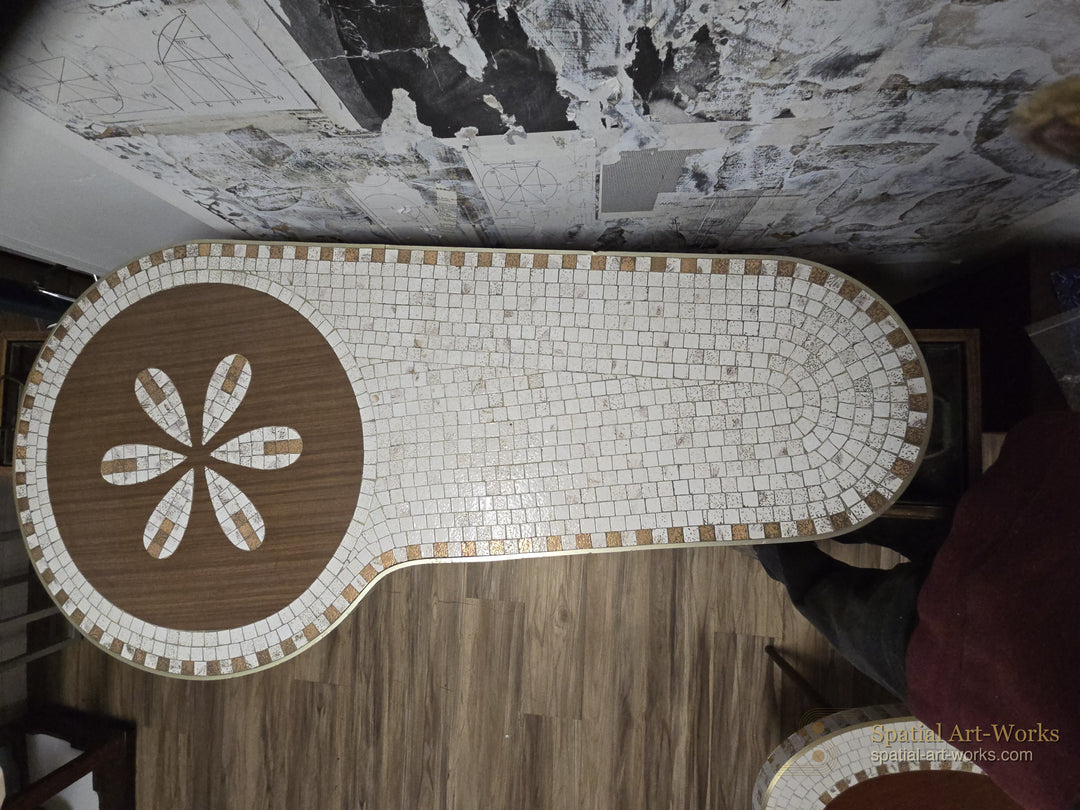 MCM-015 1950s MCM Petal Design Tile Top Coffee Table, 58.5" Wide — American Mid-Century Modern