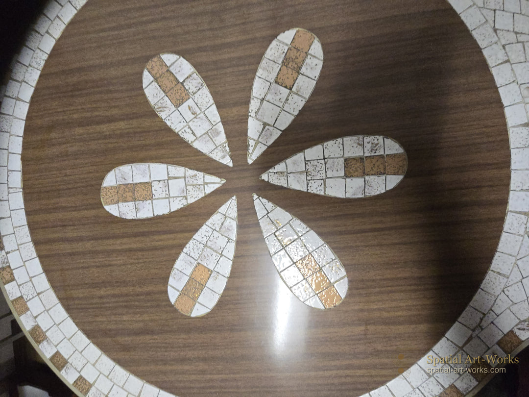MCM-015 1950s MCM Petal Design Tile Top Coffee Table, 58.5" Wide — American Mid-Century Modern