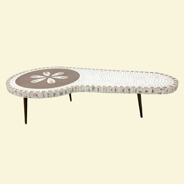 MCM-015 1950s MCM Petal Design Tile Top Coffee Table, 58.5" Wide — American Mid-Century Modern