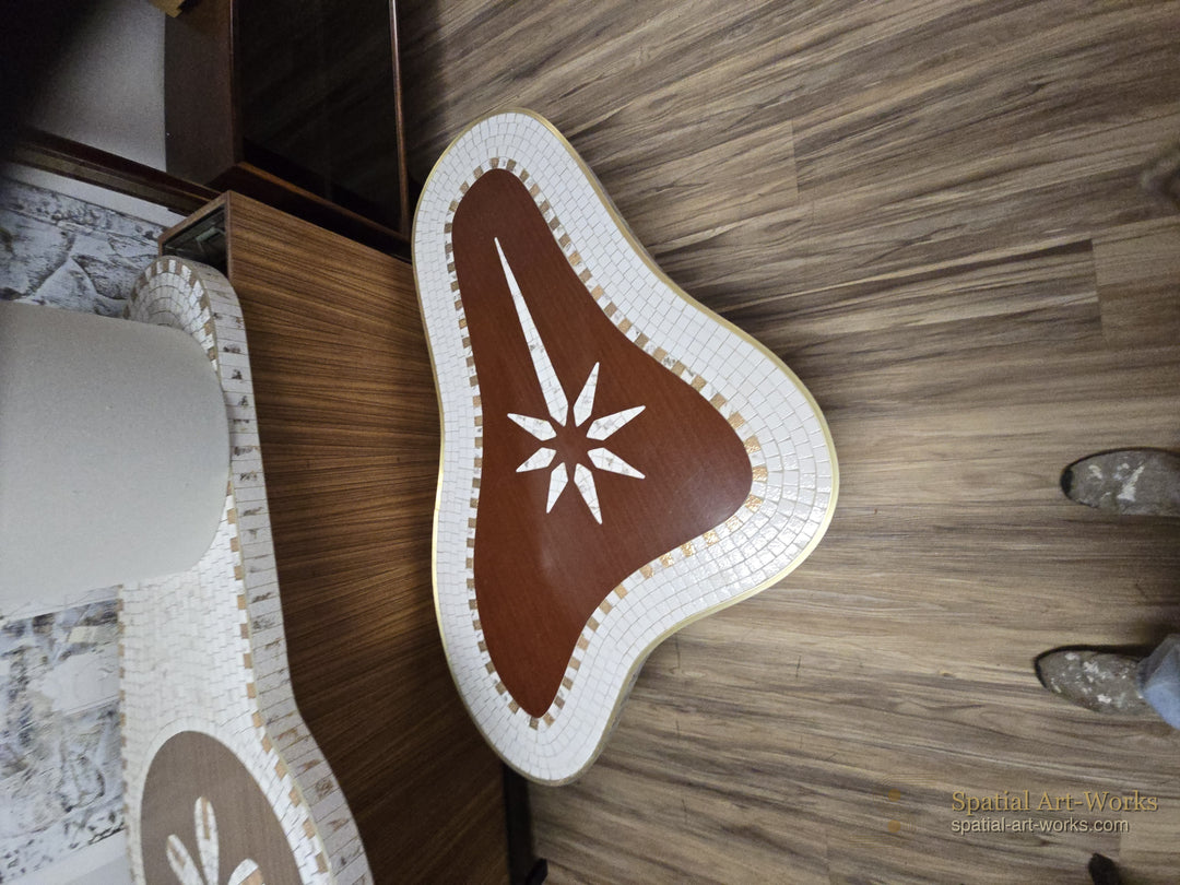 MCM-016 MCM Biomorphic Tile Top Coffee Table — Banded Tile with Central Star Motif, Tapered Wood Legs, 54.5" Wide
