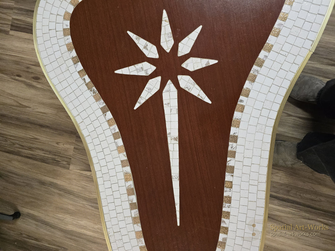 MCM-016 MCM Biomorphic Tile Top Coffee Table — Banded Tile with Central Star Motif, Tapered Wood Legs, 54.5" Wide