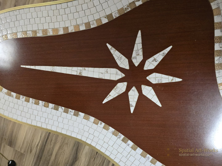 MCM-016 MCM Biomorphic Tile Top Coffee Table — Banded Tile with Central Star Motif, Tapered Wood Legs, 54.5" Wide