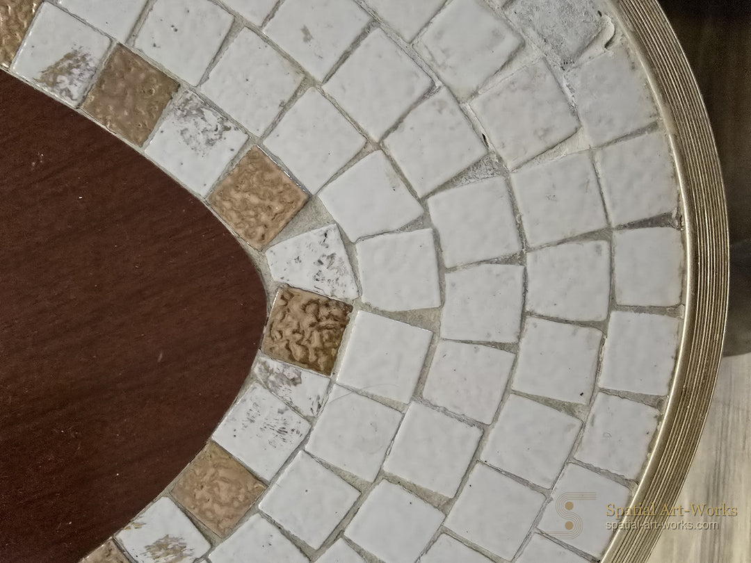 MCM-016 MCM Biomorphic Tile Top Coffee Table — Banded Tile with Central Star Motif, Tapered Wood Legs, 54.5" Wide