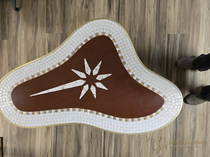 MCM-016 MCM Biomorphic Tile Top Coffee Table — Banded Tile with Central Star Motif, Tapered Wood Legs, 54.5" Wide