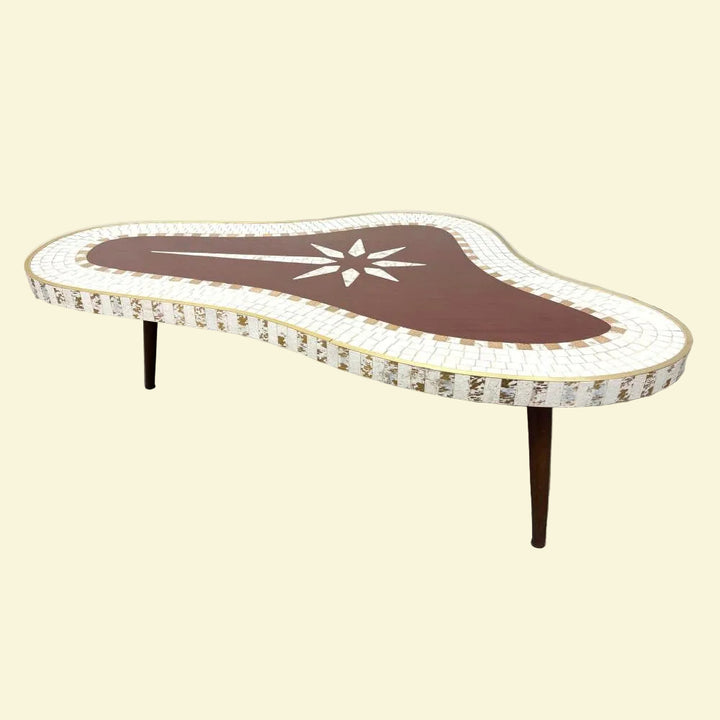 MCM-016 MCM Biomorphic Tile Top Coffee Table — Banded Tile with Central Star Motif, Tapered Wood Legs, 54.5" Wide