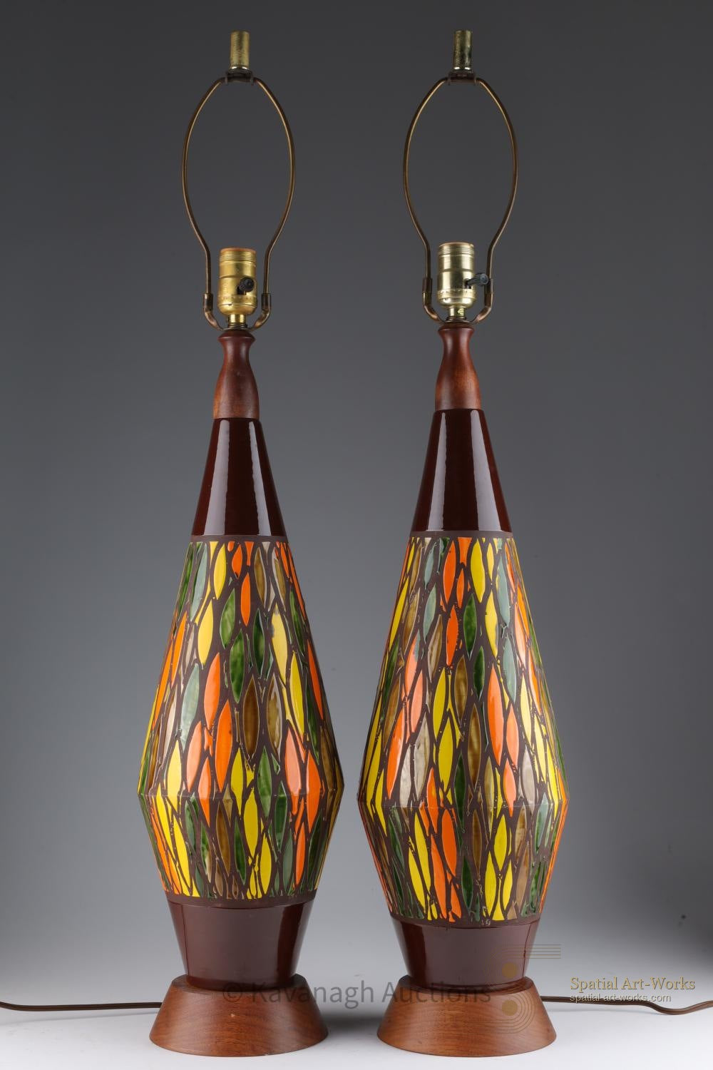 Bitossi — Pair of Mid-Century Ceramic Table Lamps with Teak Bases, Italian MCM, 35"H, c.1960s