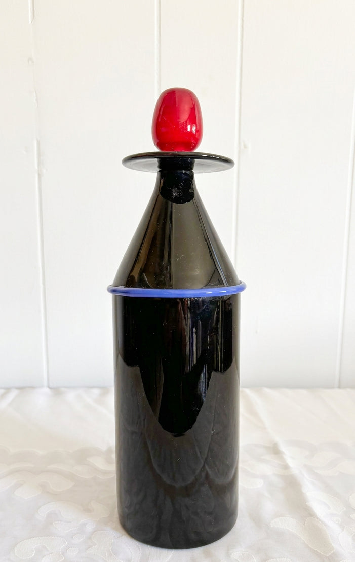MCM-031 Lino Tagliapietra &amp; Marina Angelin for Effetre International — Murano Glass Decanter, Black with Red Top, Signed, Ed. 27/200, 1985