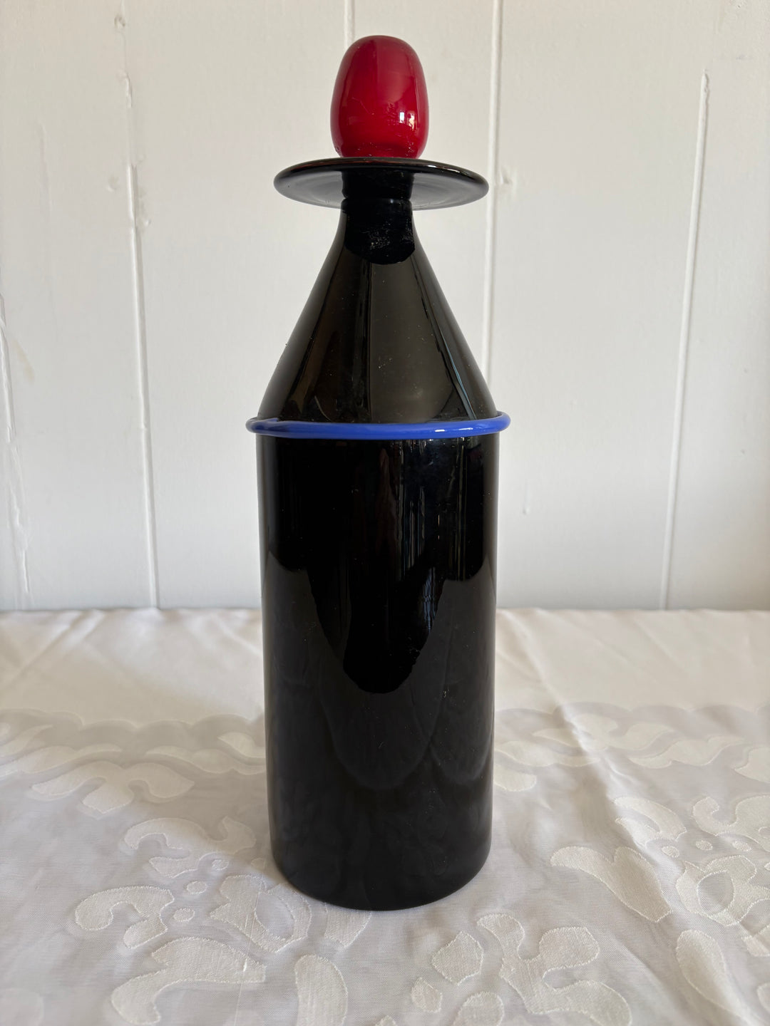 MCM-031 Lino Tagliapietra &amp; Marina Angelin for Effetre International — Murano Glass Decanter, Black with Red Top, Signed, Ed. 27/200, 1985