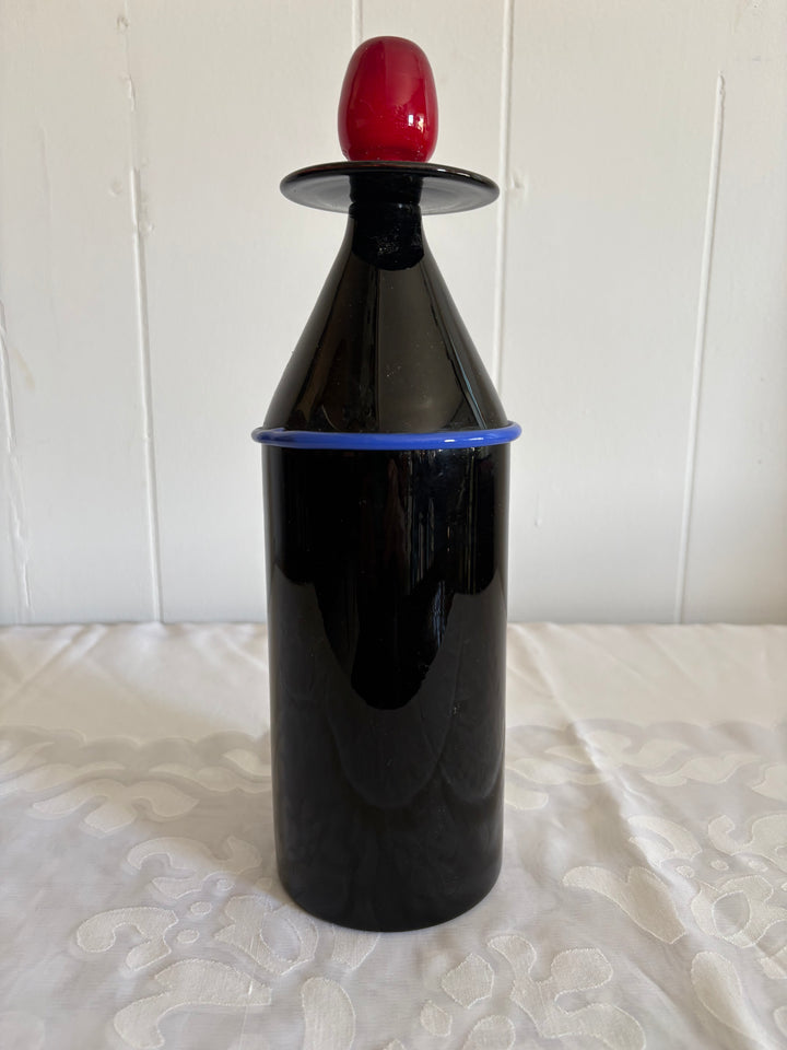 MCM-031 Lino Tagliapietra &amp; Marina Angelin for Effetre International — Murano Glass Decanter, Black with Red Top, Signed, Ed. 27/200, 1985