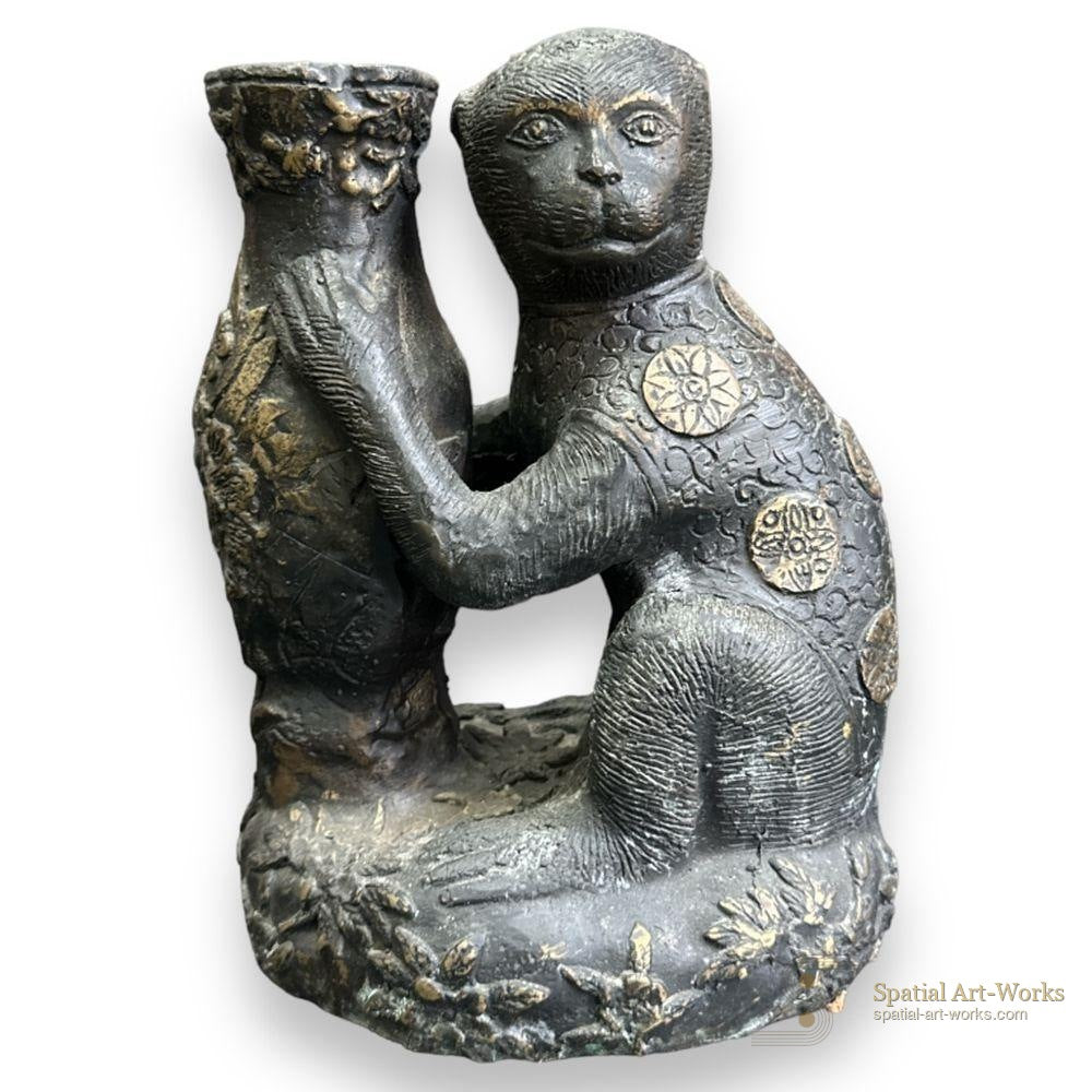 Egyptian Gilt Bronze Monkey Statue with Applied Coin to Base, 20th Century
