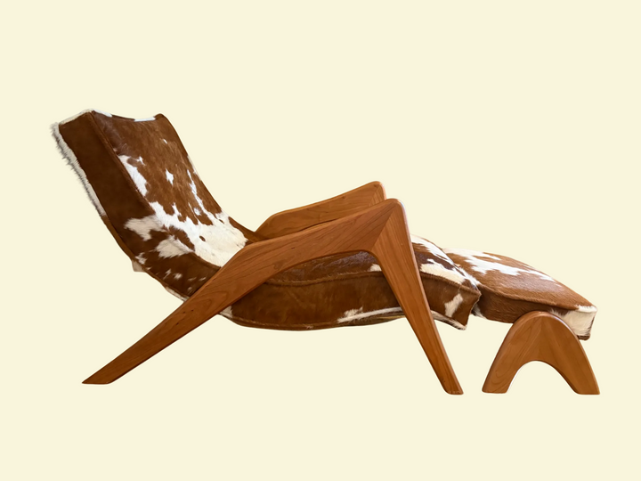 FUR-032 Adrian Pearsall-Inspired "Crescent" Grasshopper Lounge Chair &amp; Ottoman — Model 745-LB | Hair-on-Hide &amp; Cherry | Spatial Art-Works