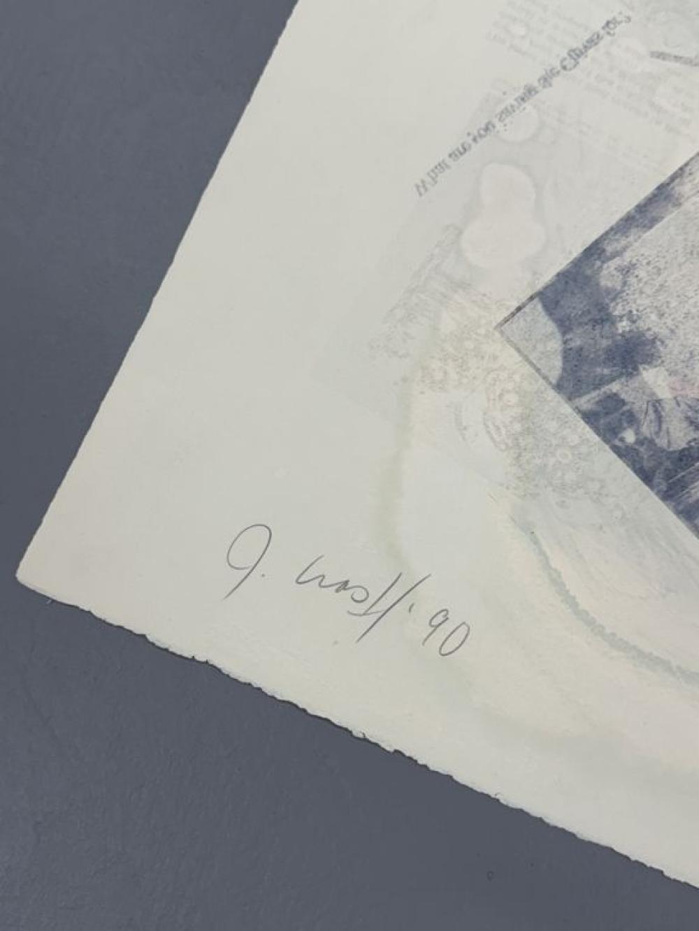 Close-up of a textured paper with a signature and date on a dark blue background