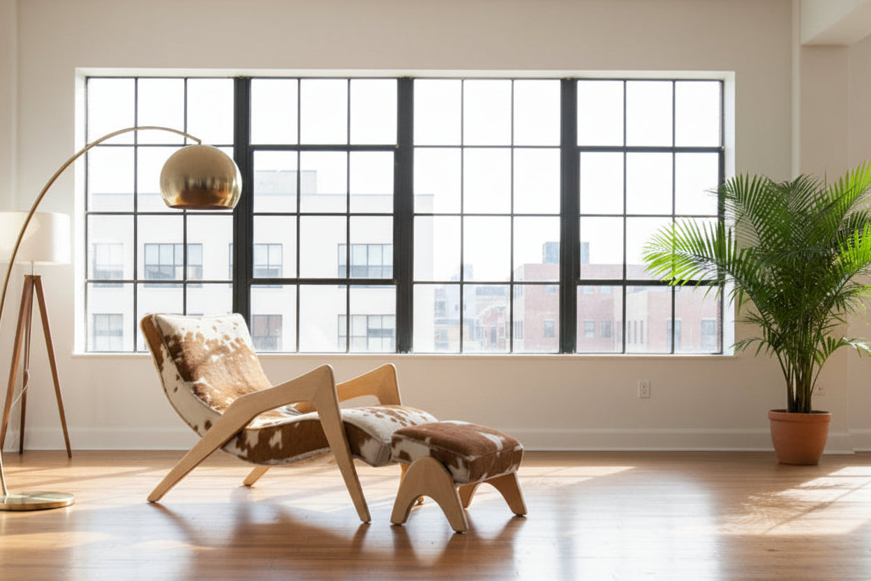 Adrian Pearsall-Inspired "Crescent" Grasshopper Lounge Chair & Ottoman — Model 745-LB | Hair-on-Hide & Cherry | Spatial Art-Works